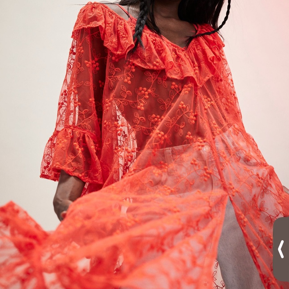 Free People Romantic Sheer Bloom Kaftan in Red NWOT OS